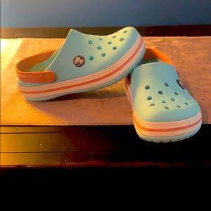 Crocs sky blue and pink